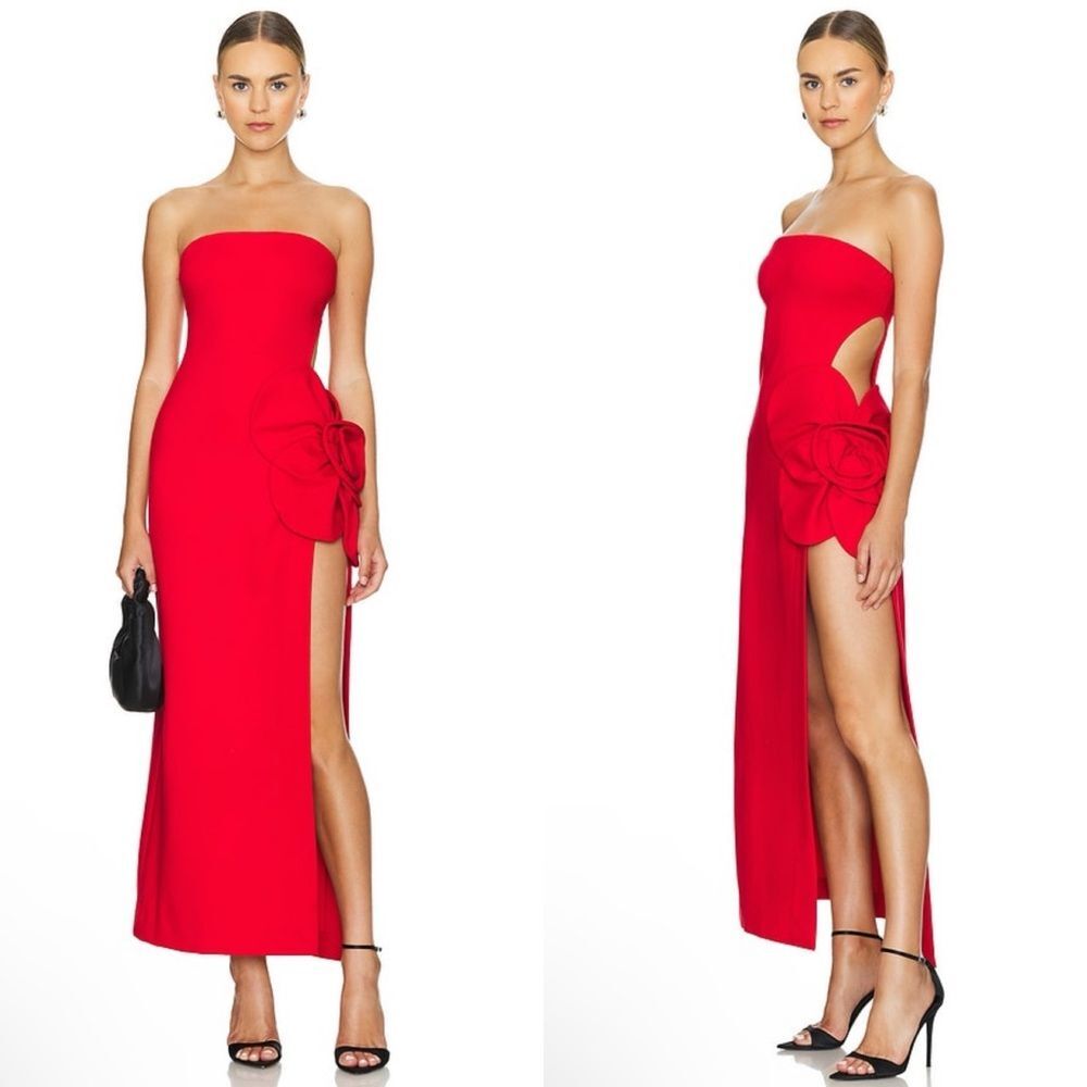 Delfi Collective Tatiana Strapless Cutout Flower Appliqué Long Dress Red